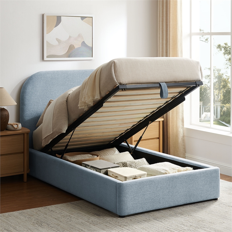 Keynote Twin Fabric Upholstered Storage Platform Bed in Sky