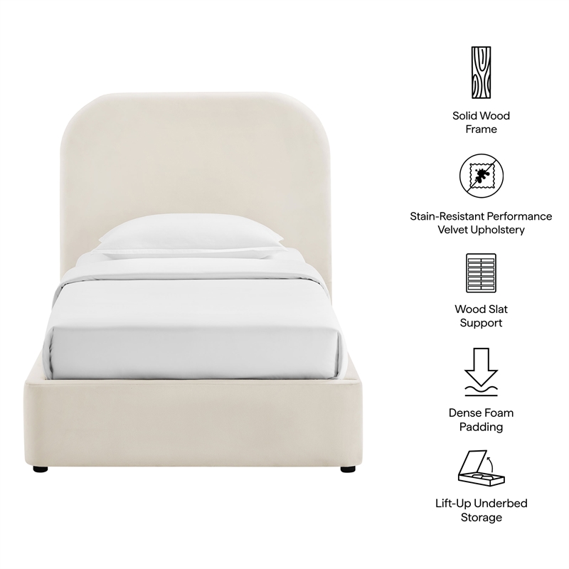 Keynote Twin Performance Velvet Storage Platform Bed in Alabaster