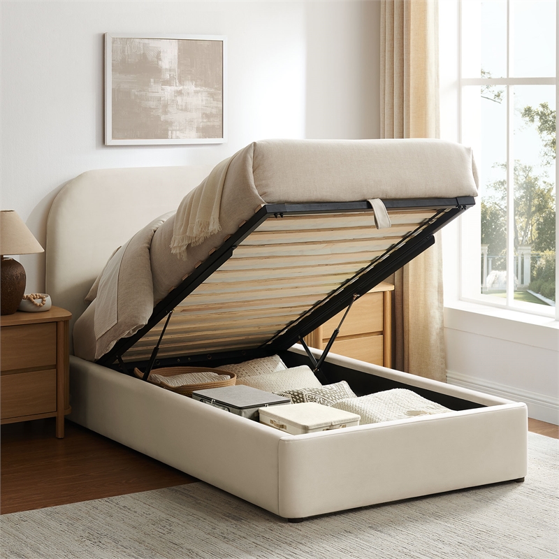 Keynote Twin Performance Velvet Storage Platform Bed in Alabaster