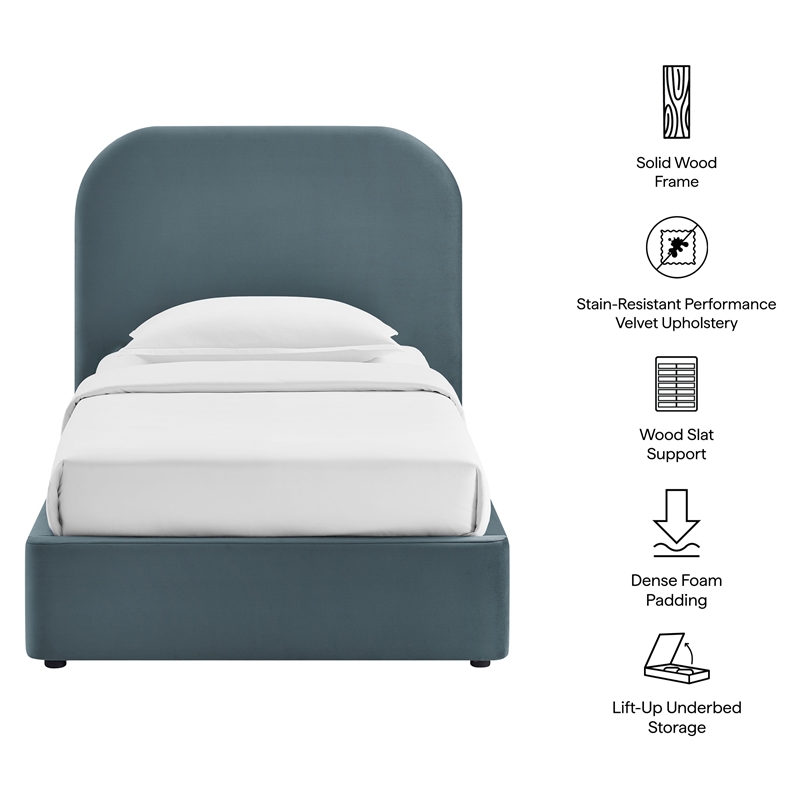 Keynote Twin Performance Velvet Storage Platform Bed in Cadet Blue