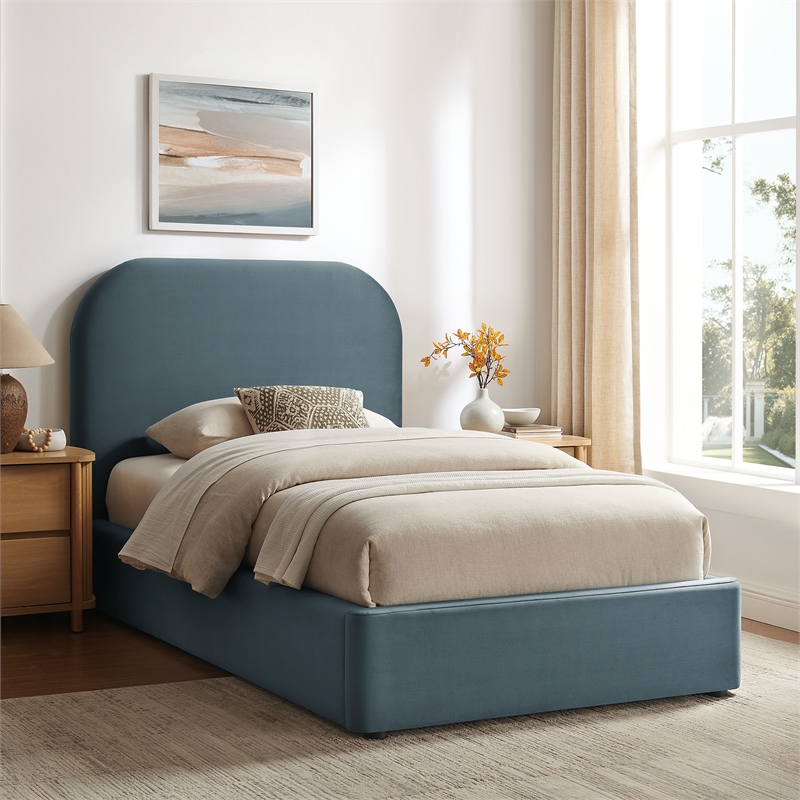 Keynote Twin Performance Velvet Storage Platform Bed in Cadet Blue