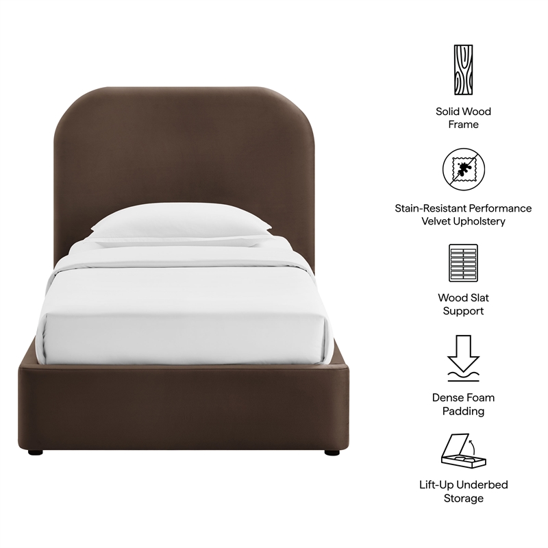 Keynote Twin Performance Velvet Storage Platform Bed in Chocolate Brown