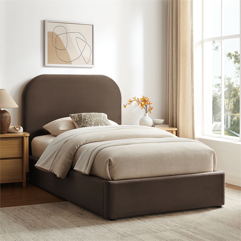 Keynote Twin Performance Velvet Storage Platform Bed in Chocolate Brown