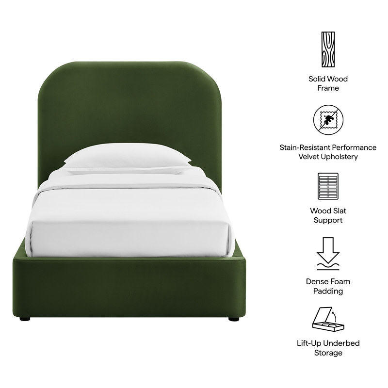 Keynote Twin Performance Velvet Storage Platform Bed in Moss Green