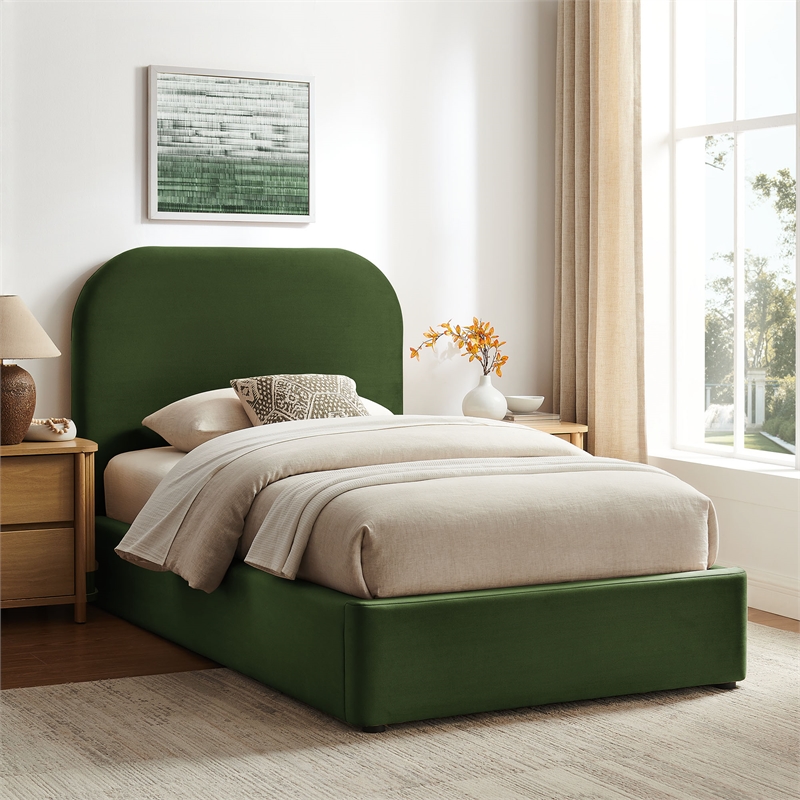 Keynote Twin Performance Velvet Storage Platform Bed in Moss Green