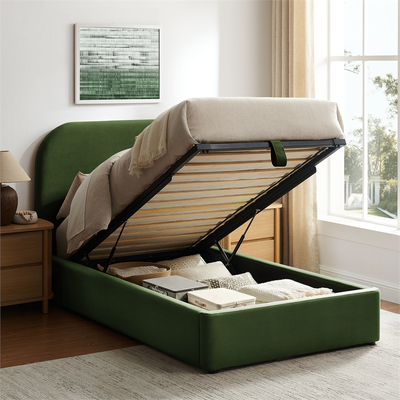 Keynote Twin Performance Velvet Storage Platform Bed in Moss Green