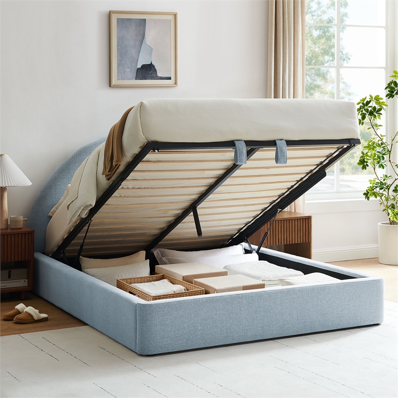 Resort King Arched Upholstered Fabric Storage Platform Bed in Sky