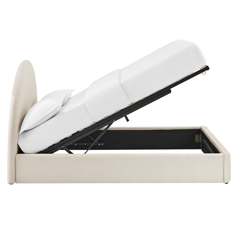 Resort King Arched Performance Velvet Storage Platform Bed in Alabaster