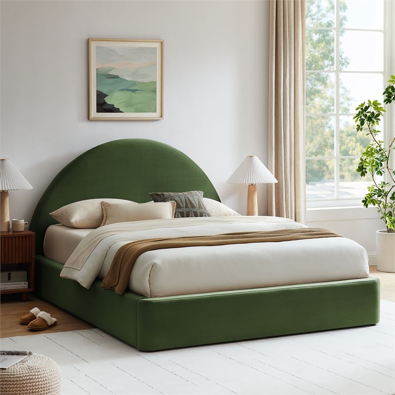 Resort King Arched Performance Velvet Storage Platform Bed in Moss Green