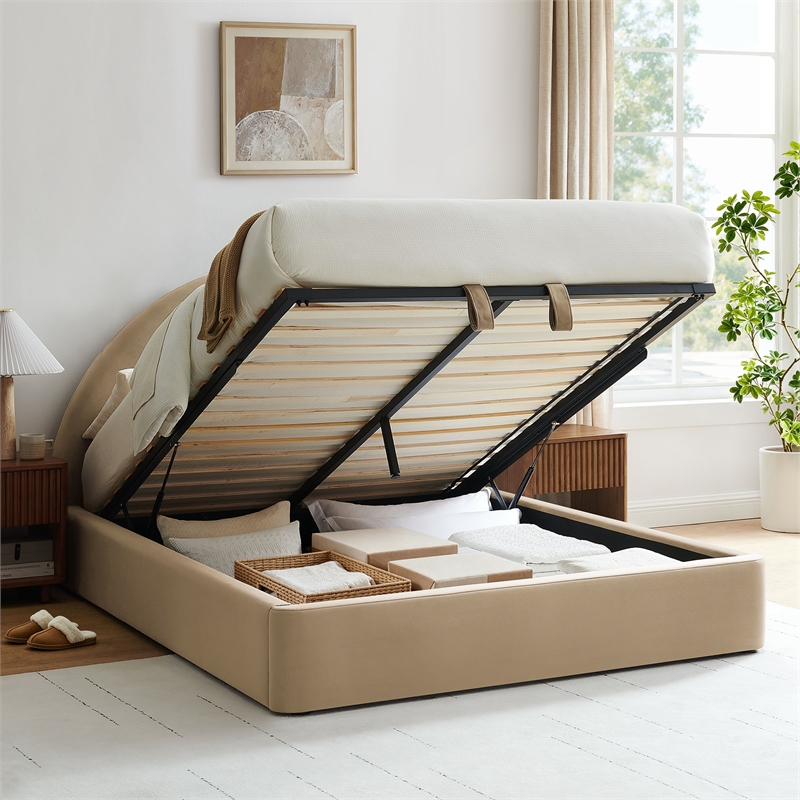 Resort King Arched Performance Velvet Storage Platform Bed in Taupe