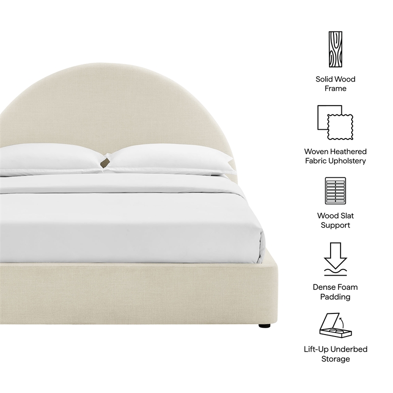 Resort King Arched Upholstered Fabric Storage Platform Bed in Ecru