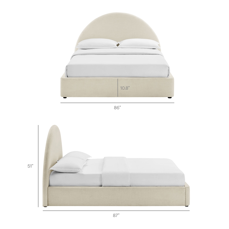 Resort King Arched Upholstered Fabric Storage Platform Bed in Ecru