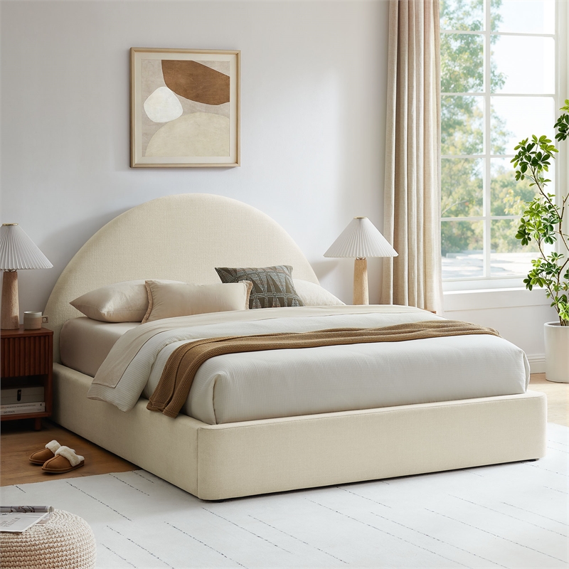 Resort King Arched Upholstered Fabric Storage Platform Bed in Ecru