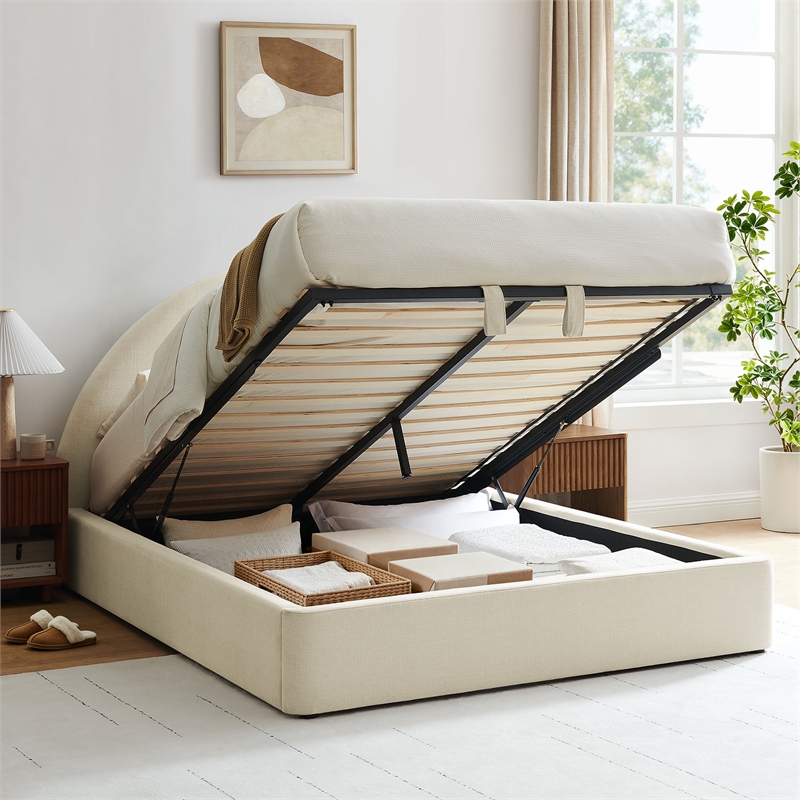 Resort King Arched Upholstered Fabric Storage Platform Bed in Ecru