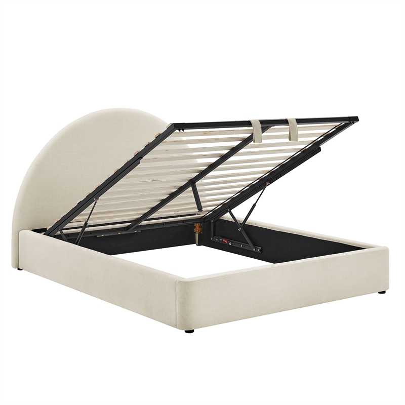 Resort King Arched Upholstered Fabric Storage Platform Bed in Ecru