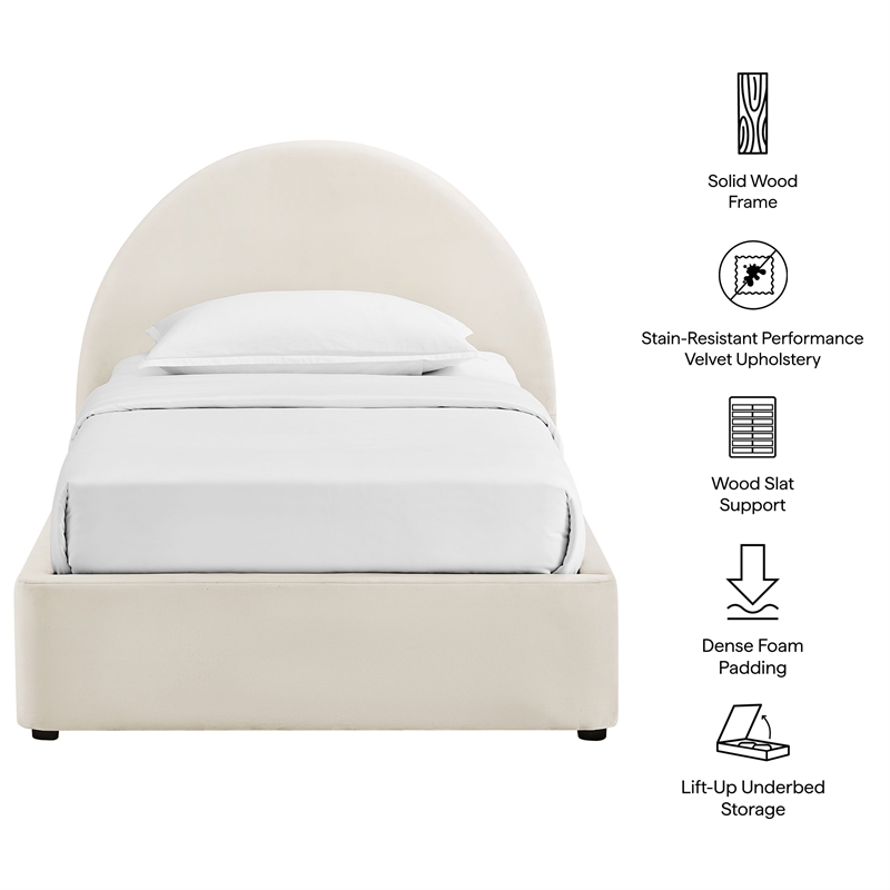 Resort Twin Arched Performance Velvet Storage Platform Bed in Alabaster