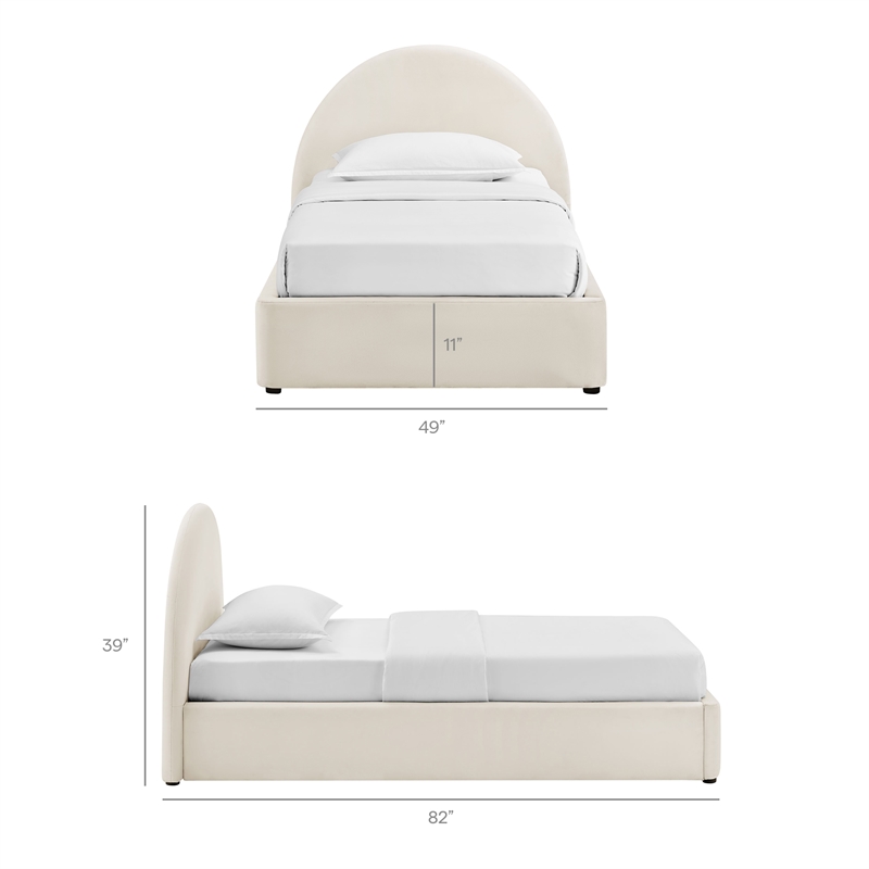 Resort Twin Arched Performance Velvet Storage Platform Bed in Alabaster