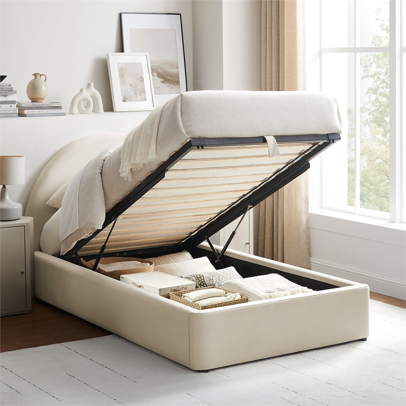 Resort Twin Arched Performance Velvet Storage Platform Bed in Alabaster