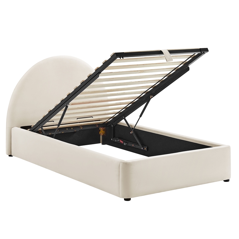 Resort Twin Arched Performance Velvet Storage Platform Bed in Alabaster