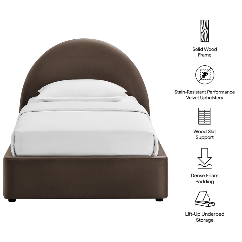 Resort Twin Arched Velvet Storage Platform Bed in Chocolate Brown