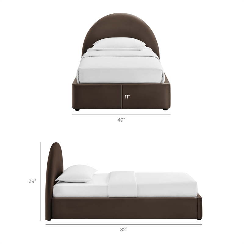 Resort Twin Arched Velvet Storage Platform Bed in Chocolate Brown