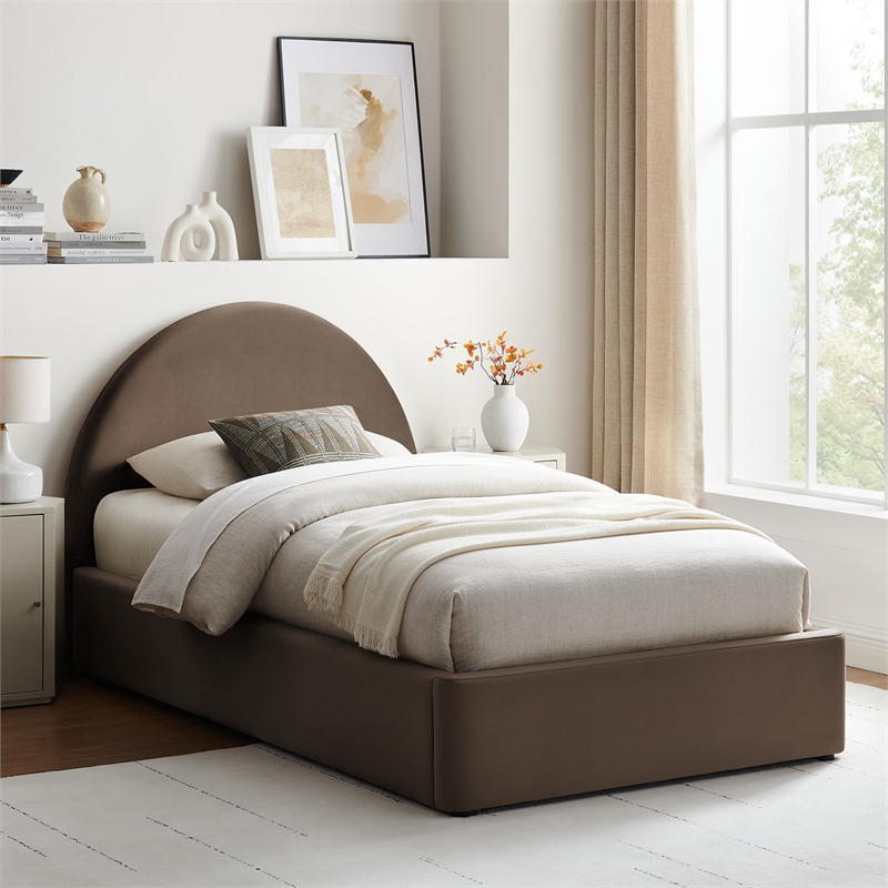 Resort Twin Arched Velvet Storage Platform Bed in Chocolate Brown