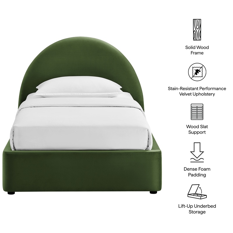 Resort Twin Arched Performance Velvet Storage Platform Bed in Moss Green