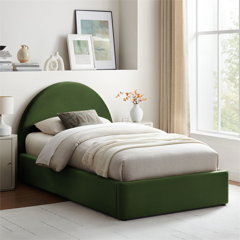 Resort Twin Arched Performance Velvet Storage Platform Bed in Moss Green