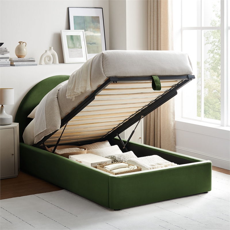 Resort Twin Arched Performance Velvet Storage Platform Bed in Moss Green