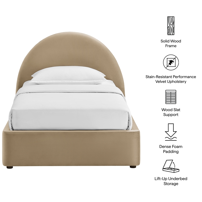 Resort Twin Arched Performance Velvet Storage Platform Bed in Taupe