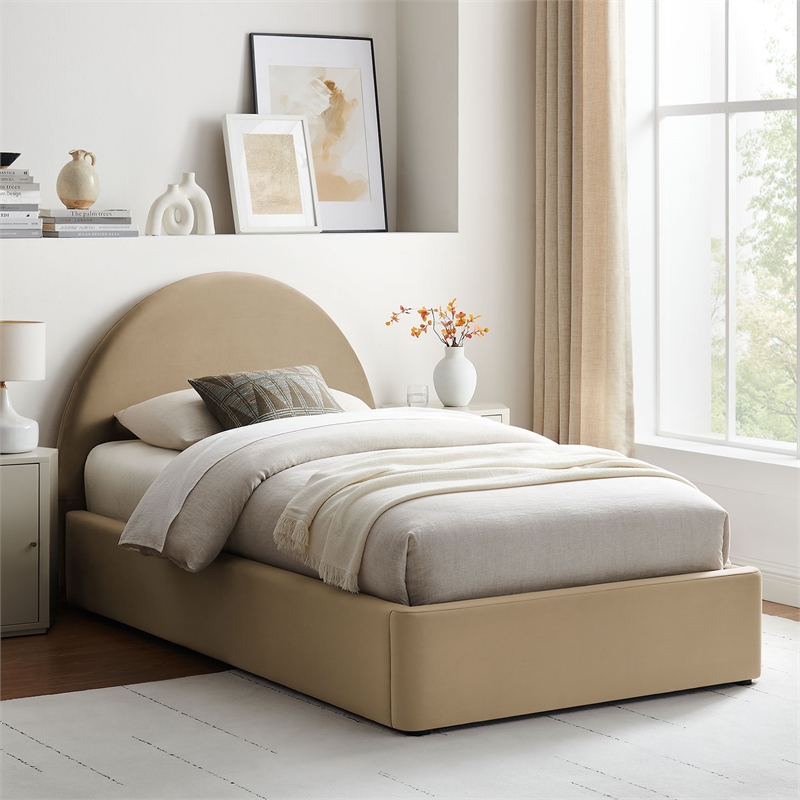Resort Twin Arched Performance Velvet Storage Platform Bed in Taupe