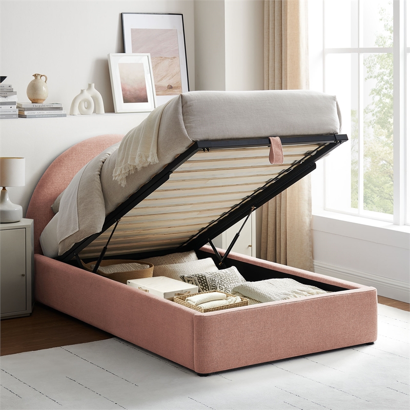 Resort Twin Arched Upholstered Fabric Storage Platform Bed in Blush