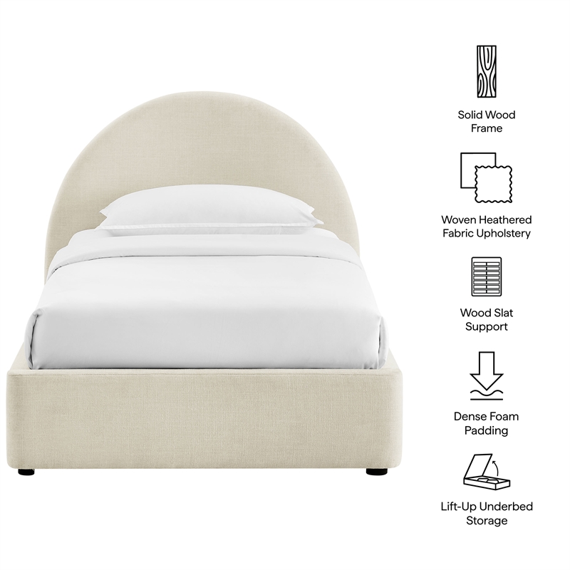 Resort Twin Arched Upholstered Fabric Storage Platform Bed in Ecru