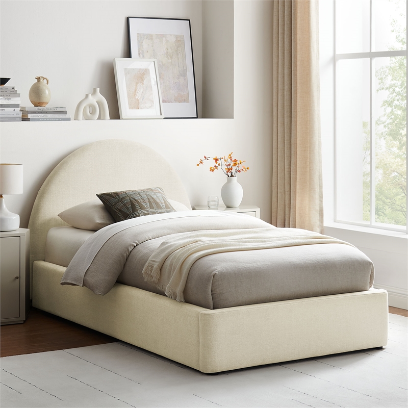 Resort Twin Arched Upholstered Fabric Storage Platform Bed in Ecru