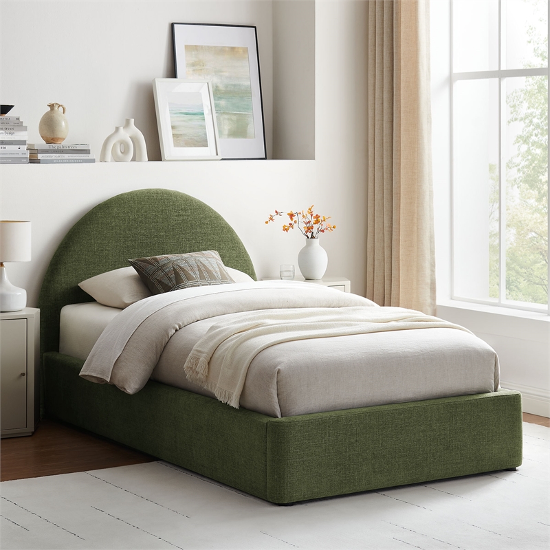 Resort Twin Arched Upholstered Fabric Storage Platform Bed in Foliage
