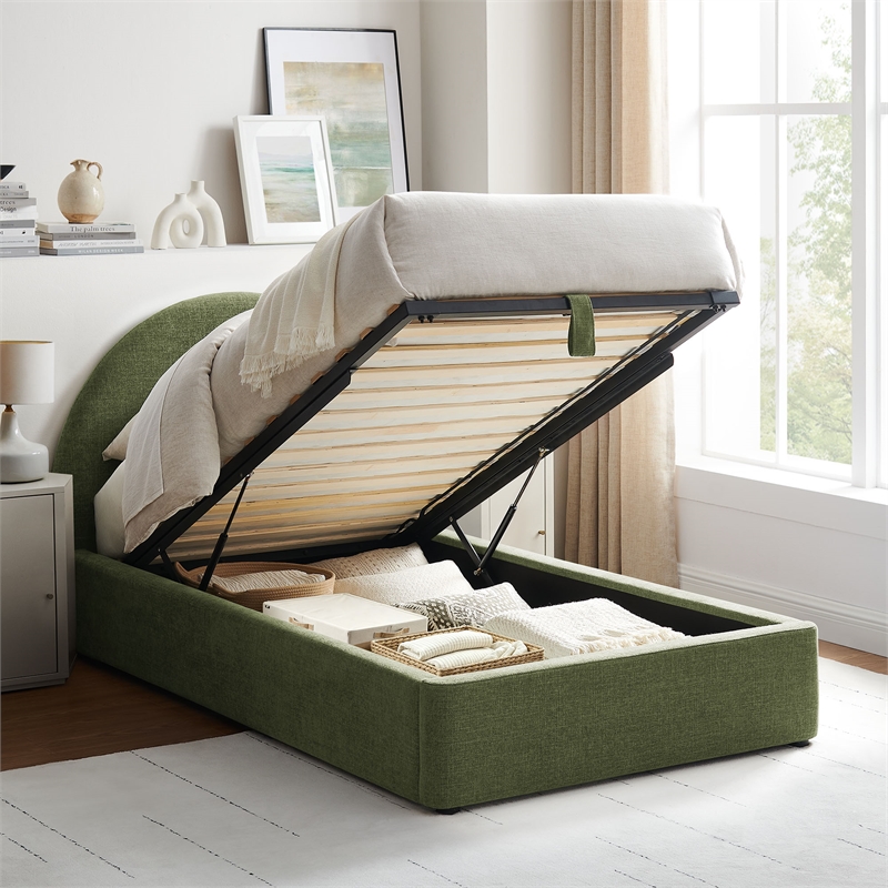 Resort Twin Arched Upholstered Fabric Storage Platform Bed in Foliage