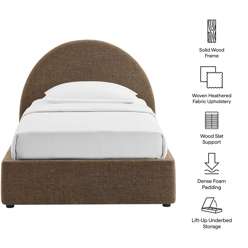 Resort Twin Arched Upholstered Fabric Storage Platform Bed in Mocha