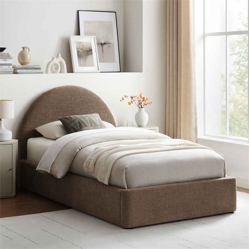 Resort Twin Arched Upholstered Fabric Storage Platform Bed in Mocha