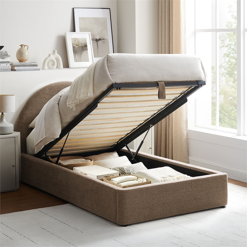 Resort Twin Arched Upholstered Fabric Storage Platform Bed in Mocha