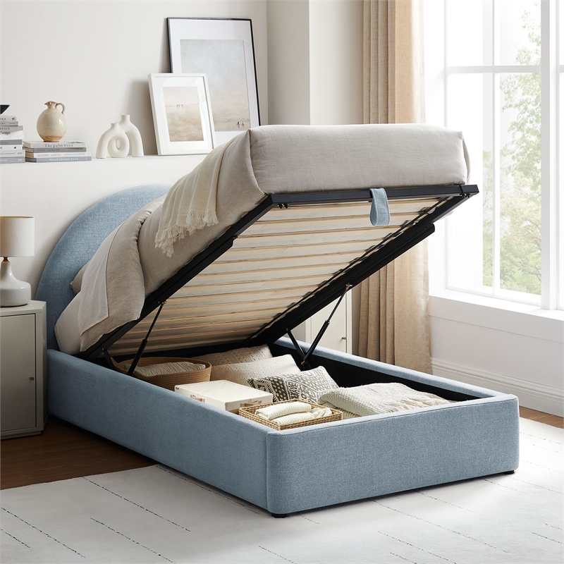 Resort Twin Arched Upholstered Fabric Storage Platform Bed in Sky