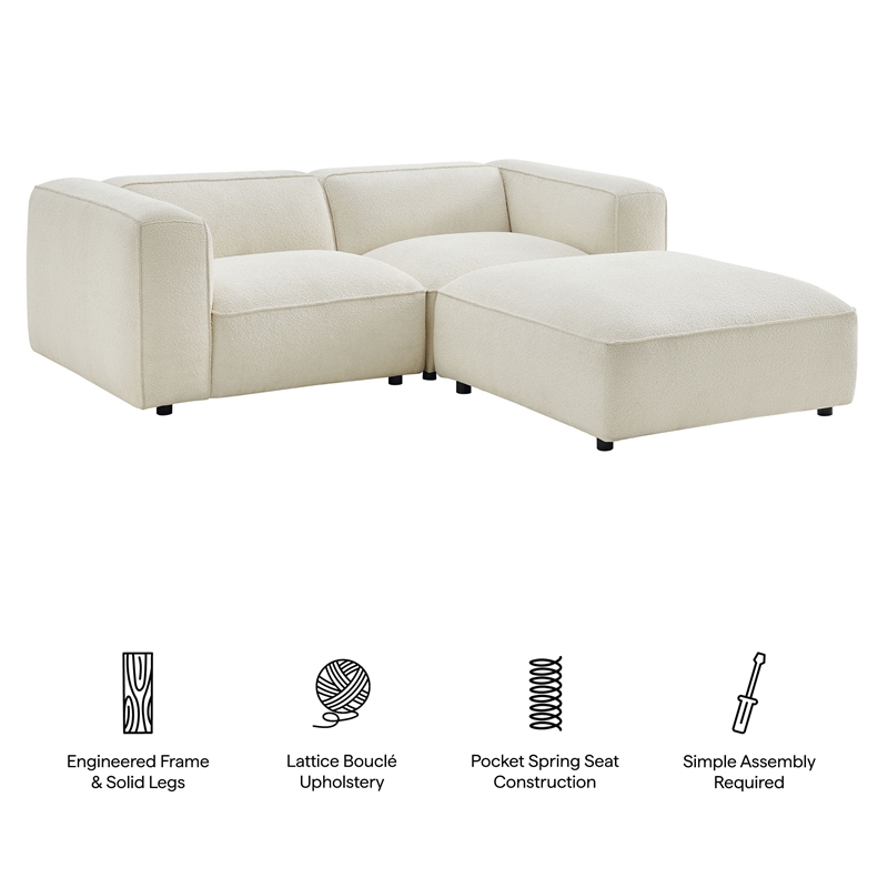 Auren Lattice Boucle 3 Piece Sectional with Ottoman in Cream