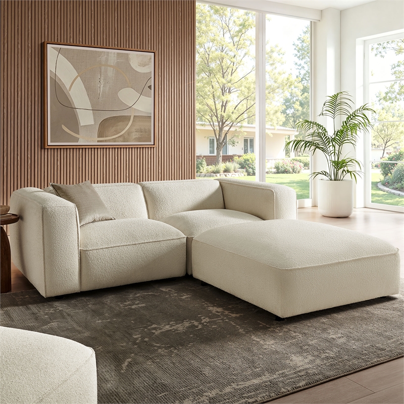 Auren Lattice Boucle 3 Piece Sectional with Ottoman in Cream