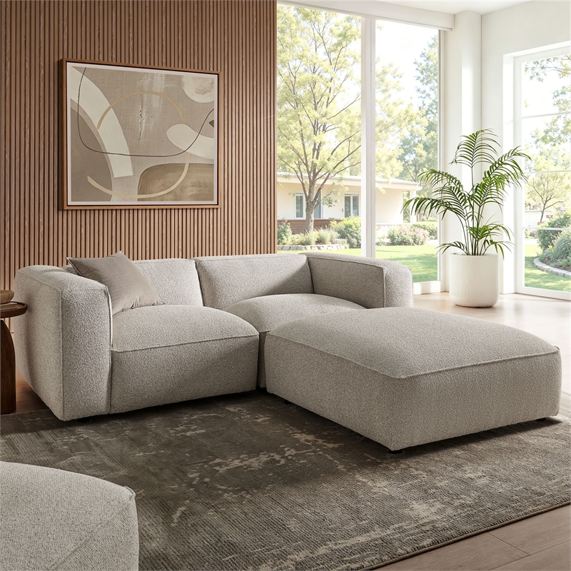 Auren Lattice Boucle 3 Piece Sectional with Ottoman in Fog