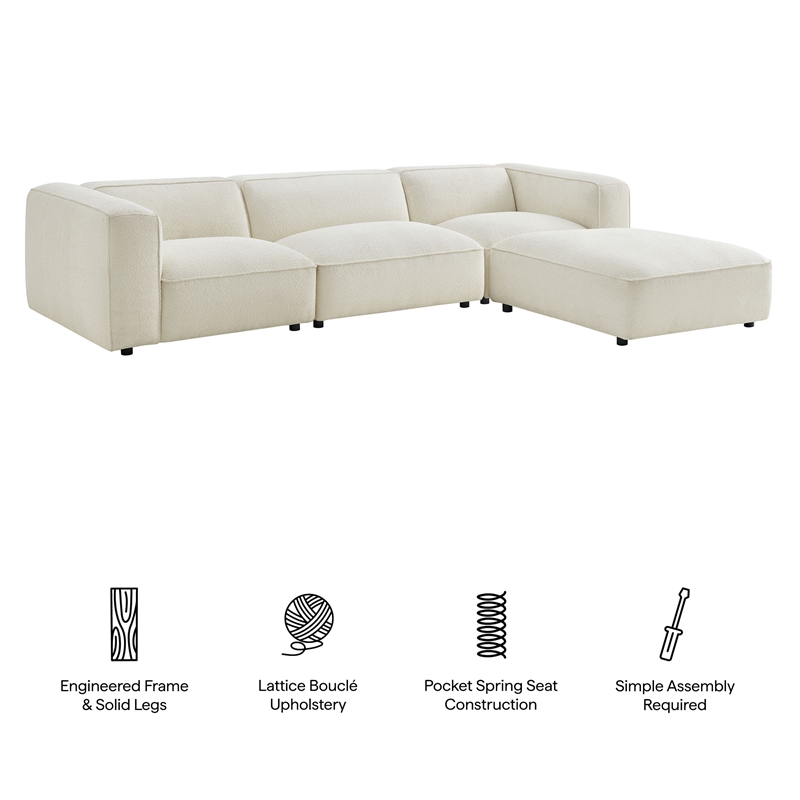 Auren Lattice Boucle 4 Piece Sectional with Ottoman in Cream
