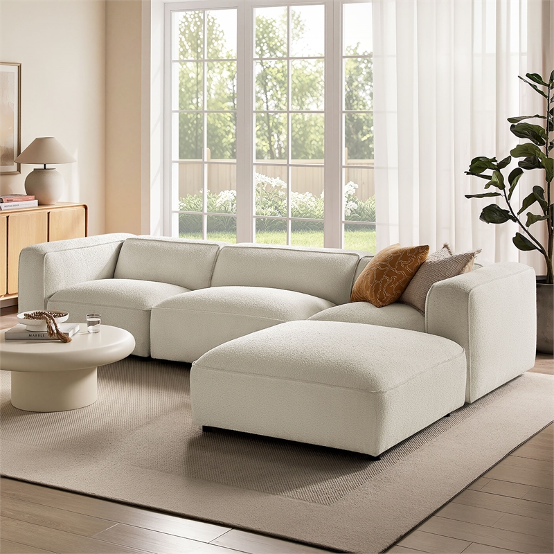 Auren Lattice Boucle 4 Piece Sectional with Ottoman in Cream