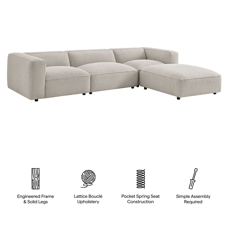 Auren Lattice Boucle 4 Piece Sectional with Ottoman in Fog