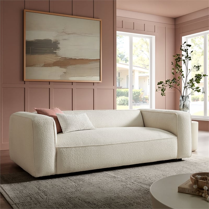 Auren 88 Inch Lattice Boucle Sofa with Pocket Spring Seat in Cream