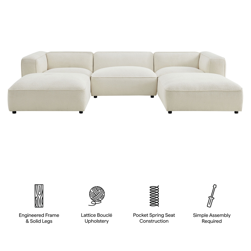 Auren Lattice Boucle 5 Piece Sectional with 2 Ottomans in Cream