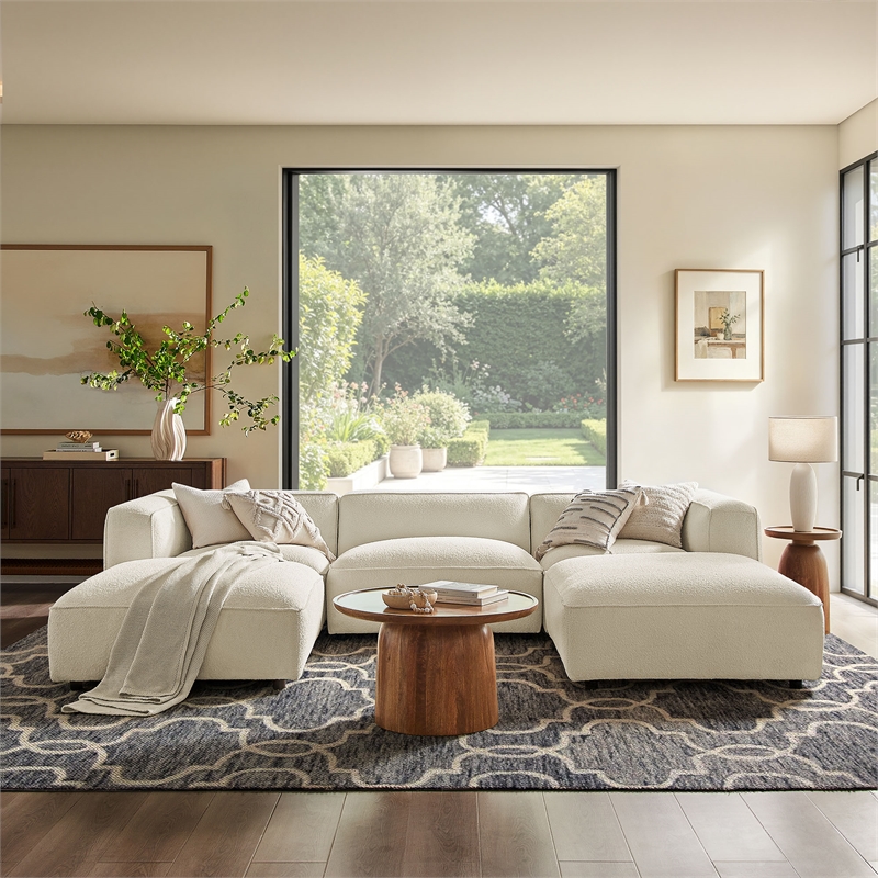 Auren Lattice Boucle 5 Piece Sectional with 2 Ottomans in Cream