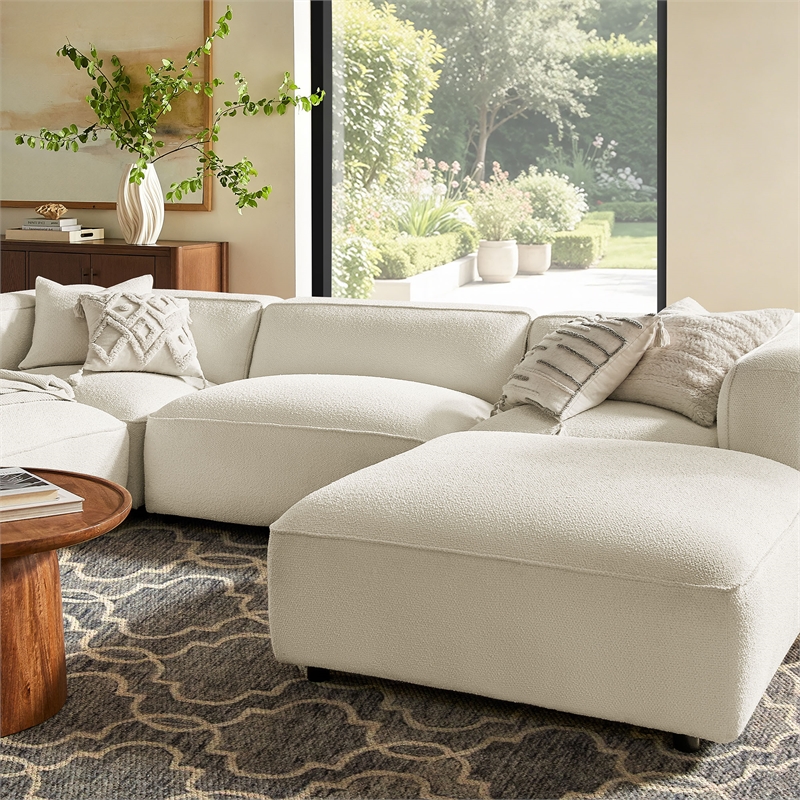 Auren Lattice Boucle 5 Piece Sectional with 2 Ottomans in Cream